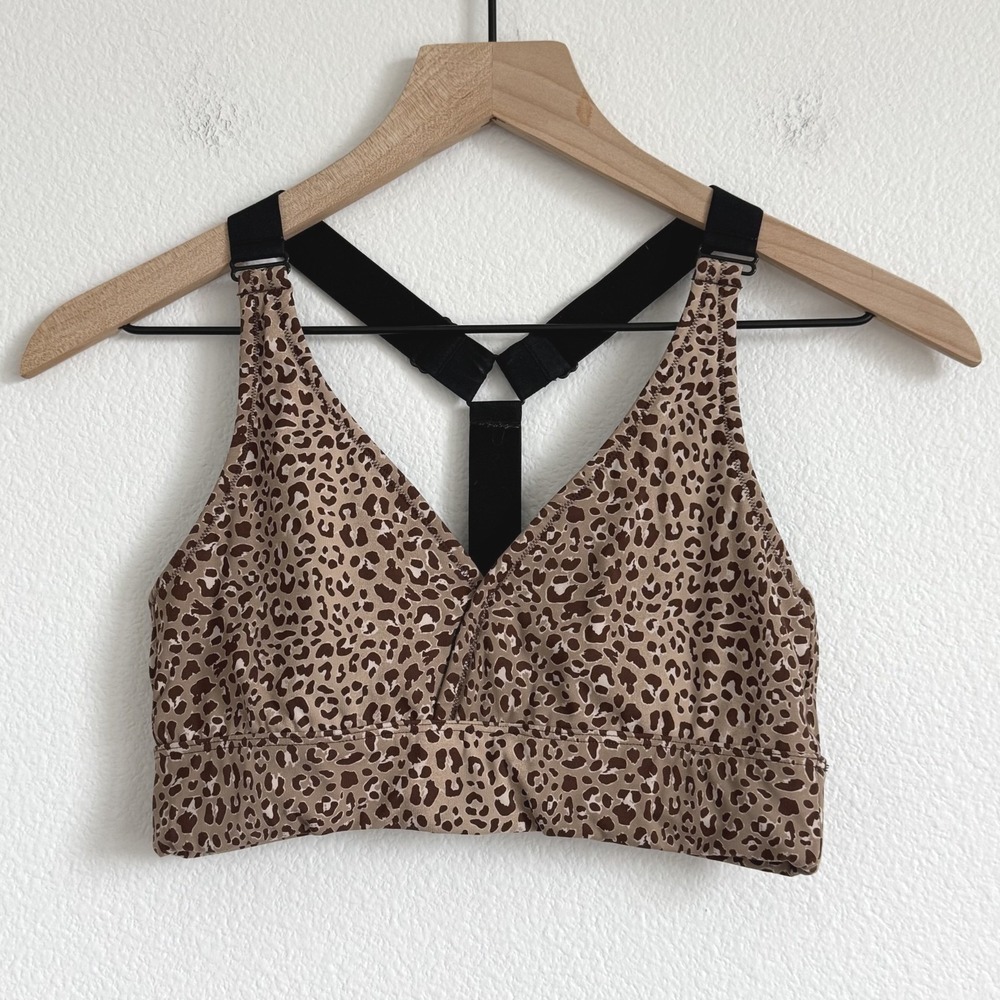 Varley Let's Go Delta Sports Bra Medium Brown Leopard Print Activewear T-Back - Picture 2 of 8